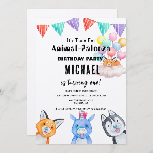 サファリパーティの招待状 – すべての動物を呼び出す! 招待状 (正面/裏面)
