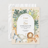 サファリパーティーのジャングル動物の男の子の最初の誕生日 インビテーションポストカード (正面/裏面)