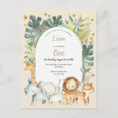 サファリパーティーのジャングル動物の男の子の最初の誕生日 インビテーションポストカード (正面)