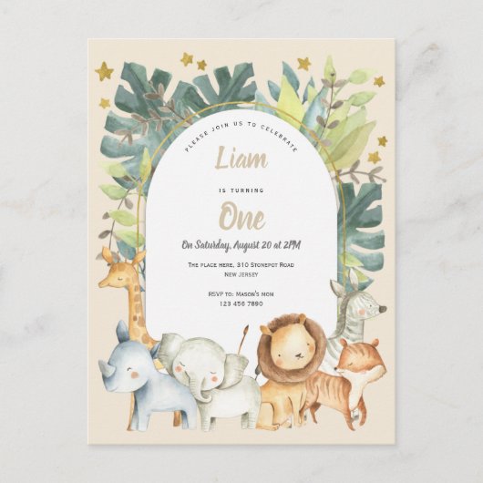 サファリパーティーのジャングル動物の男の子の最初の誕生日 インビテーションポストカード (正面)