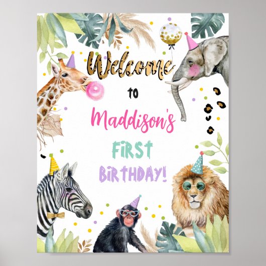 サファリパーティーアニマルズワイルドガール誕生日へようこそ ポスター (正面)