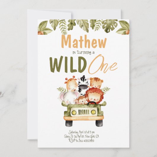 サファリパーティーアニマルズワイルドワン誕生日招待状 招待状 (正面)