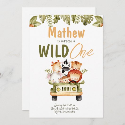 サファリパーティーアニマルズワイルドワン誕生日招待状 招待状 (正面/裏面)