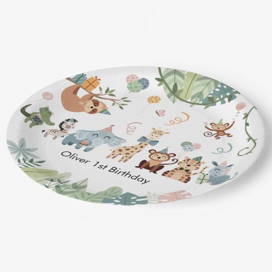 サファリパーティー動物の誕生日パーティー ペーパープレート (アングル)