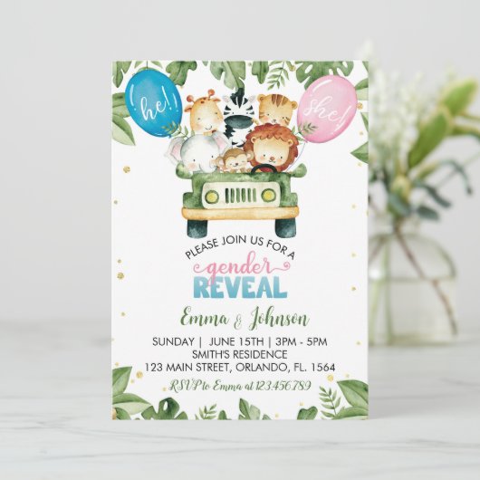 サファリパーティー動物ジェンダーリビール招待状 招待状 (スタンド正面)