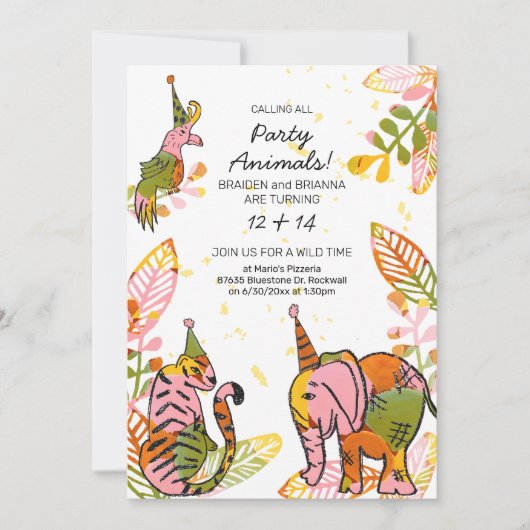 サファリパーティー動物手描きキッドジョイント誕生日 招待状 (正面)