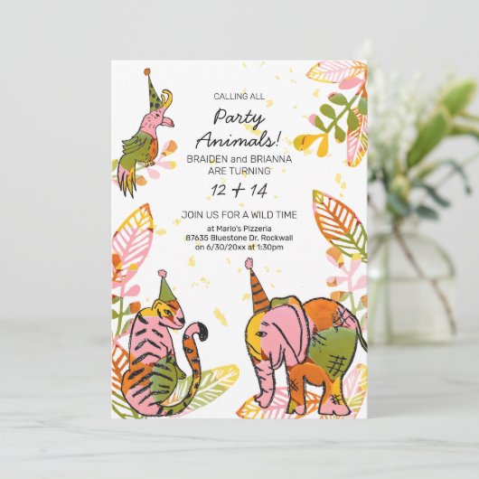 サファリパーティー動物手描きキッドジョイント誕生日 招待状 (スタンド正面)