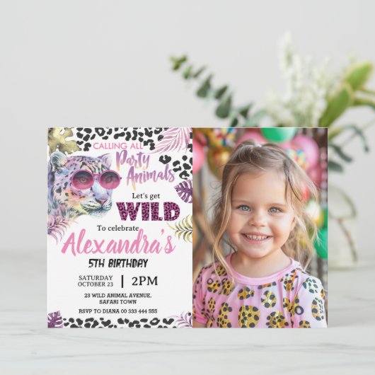 サファリパーティー動物誕生日ヒョウ印刷フォト 招待状 (スタンド正面)