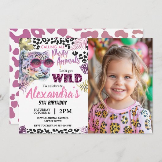 サファリパーティー動物誕生日ヒョウ印刷フォト 招待状 (正面/裏面)