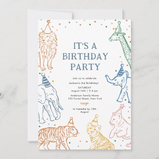 サファリパーティー動物誕生日招待状 招待状 (正面)