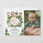 サファリパーティー 動物 ワイルドワン 1歳 誕生日 写真 招待状 (正面)