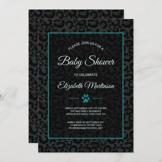 サファリヒョウ黒ティール（緑がかった色）アニマルプリントベビーシャワー 招待状 (正面/裏面)