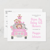 サファリピンクのベビーシャワーで車を運転する少女 インビテーションポストカード (正面/裏面)