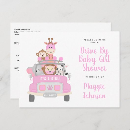 サファリピンクのベビーシャワーで車を運転する少女 インビテーションポストカード (正面/裏面)