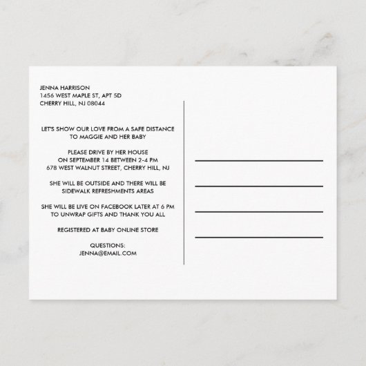 サファリピンクのベビーシャワーで車を運転する少女 インビテーションポストカード (裏面)