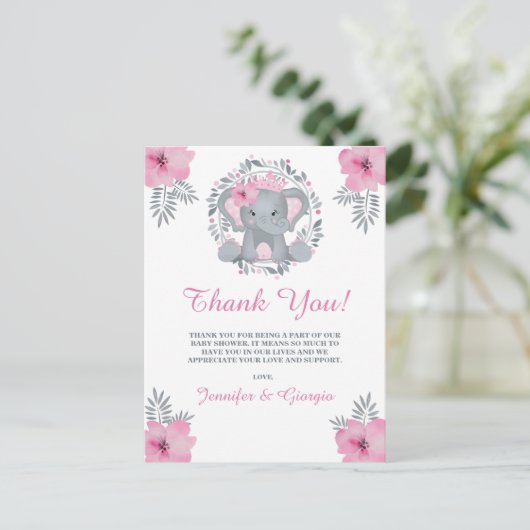 サファリピンクフローラゾウ赤ちゃんシャワーありがとう ポストカード (スタンド正面)