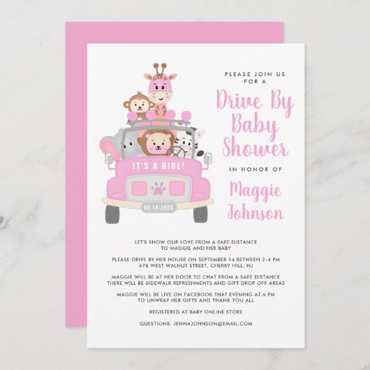 サファリピンクベビーシャワーでドライブする女の子 招待状 (正面/裏面)