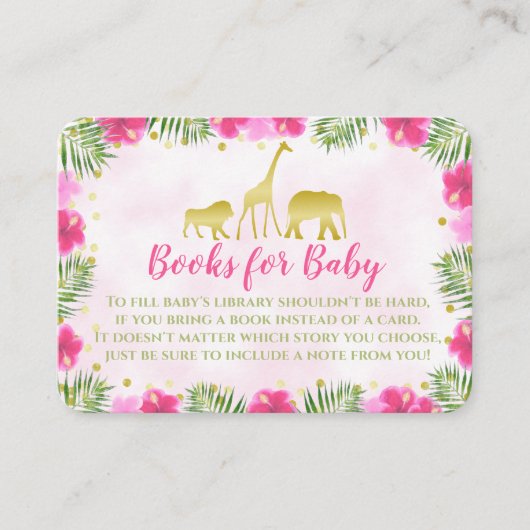 サファリピンク金ゴールド赤ちゃんシャワーベビー用の本を持って来る プレイスカード (正面)