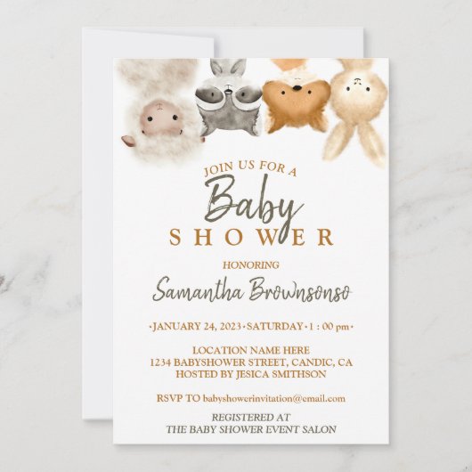 サファリフォレストアニマルシープラクーンキツネウサギベビー 招待状 (正面)