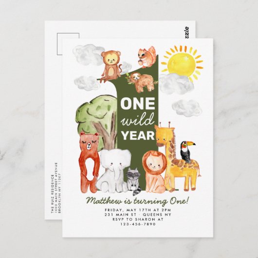 サファリフォレストアニマルズワンワイルドイヤー子供の誕生日 ポストカード (正面/裏面)