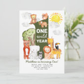 サファリフォレストアニマルズワンワイルドイヤー子供の誕生日 招待状 (スタンド正面)