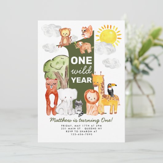 サファリフォレストアニマルズワンワイルドイヤー子供の誕生日 招待状 (スタンド正面)