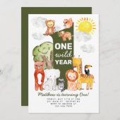 サファリフォレストアニマルズワンワイルドイヤー子供の誕生日 招待状 (正面/裏面)