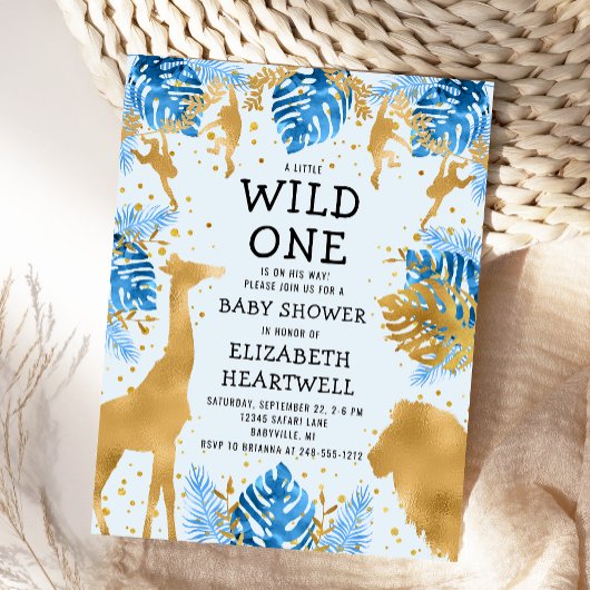 サファリブルー金ゴールドボーイベビーシャワー招待状 ポストカード