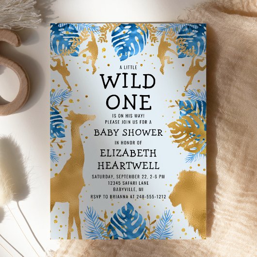 サファリブルー金ゴールドボーイベビーシャワー 招待状