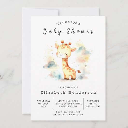 サファリプリント可能なキリン赤ちゃんシャワー 招待状 (正面)