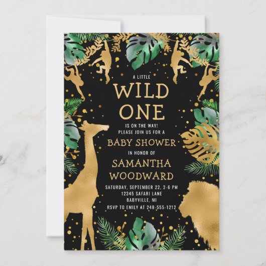 サファリベイビーシャワーブラック金ゴールド招待状 (正面)