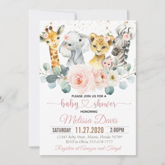 サファリベイビーシャワー招待状ガールヤングワイルド 招待状 (正面)