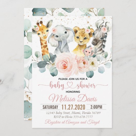 サファリベイビーシャワー招待状ガールヤングワイルド 招待状 (正面/裏面)