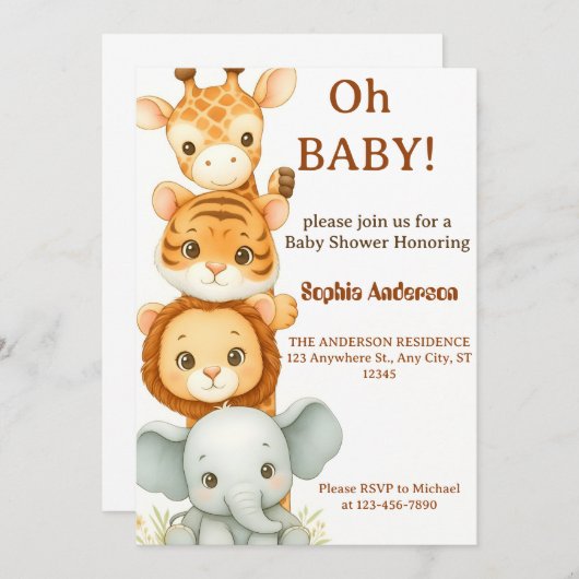 サファリベイビーシャワー招待状ニュートラルジャングル 招待状 (正面/裏面)