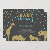 サファリベイビーシャワー招待状フェイク、金ゴールド、アクア 招待状 (正面/裏面)
