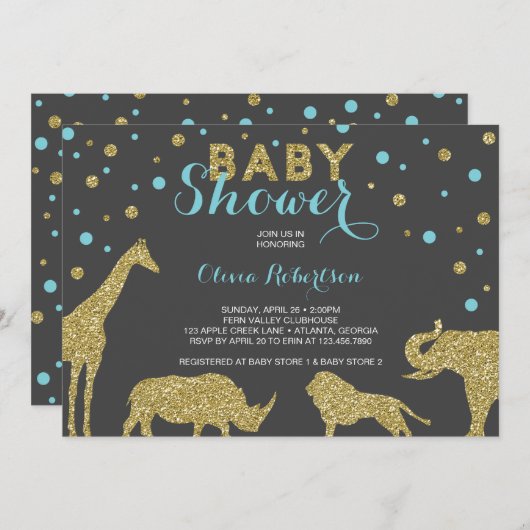 サファリベイビーシャワー招待状フェイク、金ゴールド、アクア 招待状 (正面/裏面)