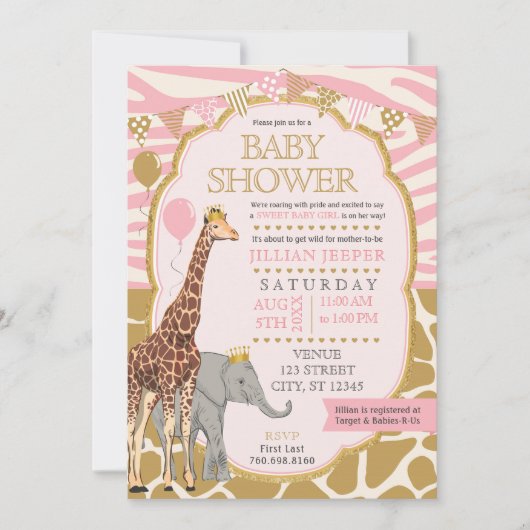 サファリベイビーシャワー招待状（ガールピンク） 招待状 (正面)