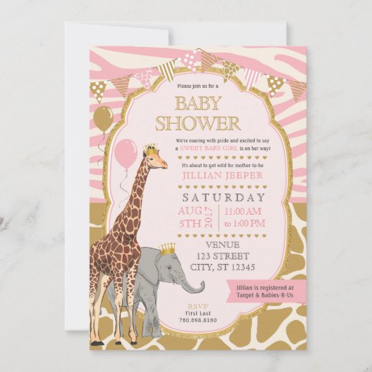 サファリベイビーシャワー招待状 – ピンクガール 招待状 (正面)