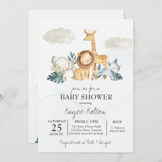 サファリベイビーシャワー招待状、ヴィンテージジャングル 招待状 (正面/裏面)