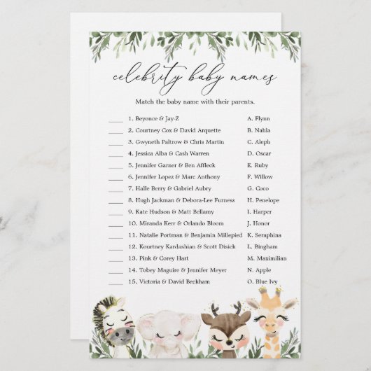 サファリベイビーシャワー有名人ベビーネームゲーム (正面/裏面)