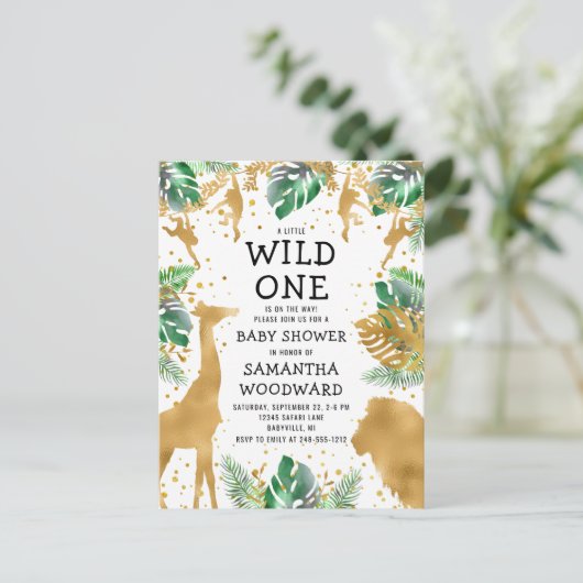 サファリベイビーシャワー金ゴールドグリーン招待状はがき ポストカード (スタンド正面)