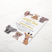 サファリベビーアニマルイラストレーションベビーシャワー 箔招待状 (回転した状態)