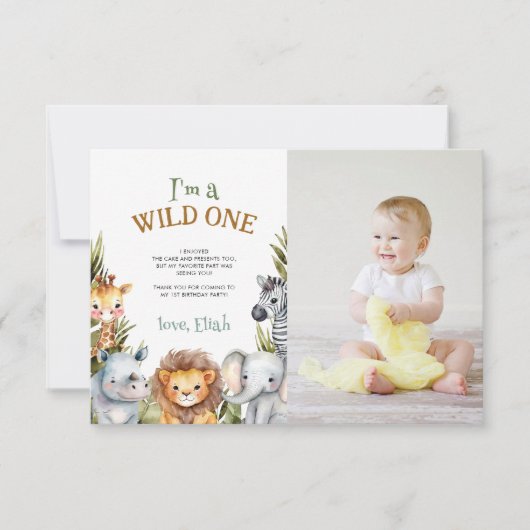 サファリベビーアニマルズファースト誕生日サンキューカード サンキューカード (正面)