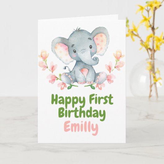 サファリベビーエレファントハッピーファースト誕生日カード カード (黄色い花)