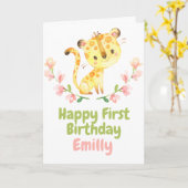 サファリベビータイガーガールハッピー1stバースデーカード カード (黄色い花)