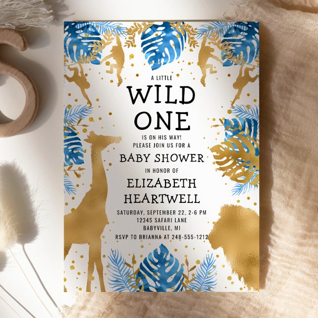 サファリボーイベビーシャワーブルー金ゴールド招待状 (クリエイターアップロード済み)