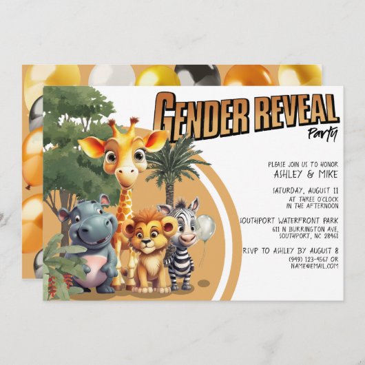 サファリモダンで可愛い赤ちゃん動物の性別が明らかになる 招待状 (正面/裏面)