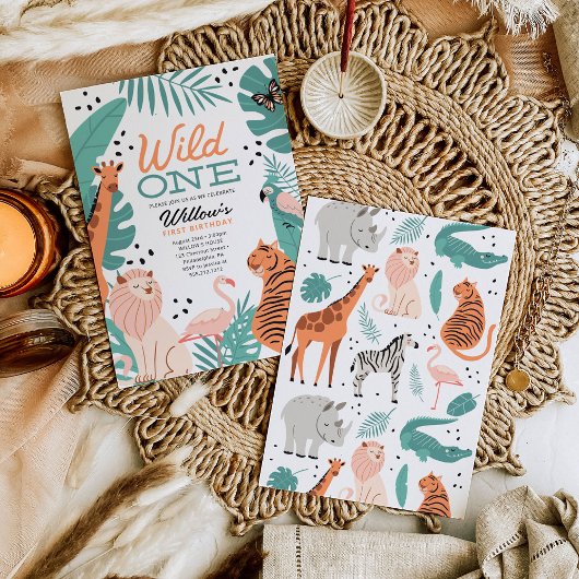 サファリモダンアニマルワイルドワン誕生日パーティー 招待状