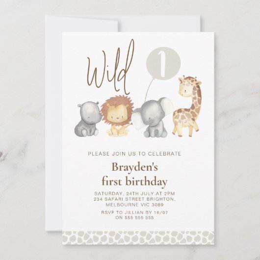 サファリモダンアニマルワイルドワン誕生日 招待状 (正面)