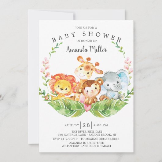 サファリモダンジャングル動物の赤ちゃんシャワー 招待状 (正面)